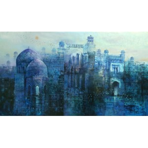 A. Q. Arif, Doused in Blue, 24 x 42 Inch, Oil on Canvas, Cityscape Painting, AC-AQ-226 